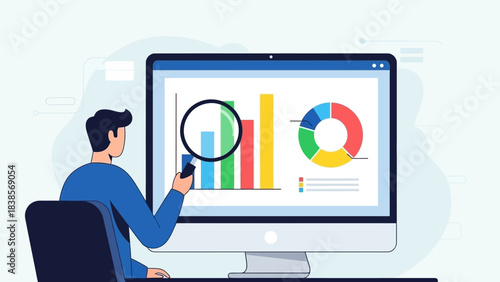 Businessman analyzing data on computer screen with magnifying glass