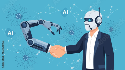 Robot and businessman shaking hands in futuristic AI environment