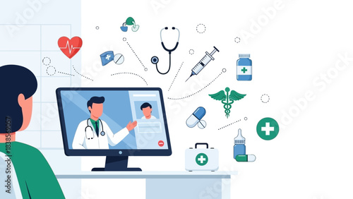 Online doctor consultation with medical icons and virtual healthcare