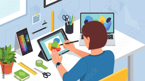 Creative professional designing vibrant artwork on digital tablet