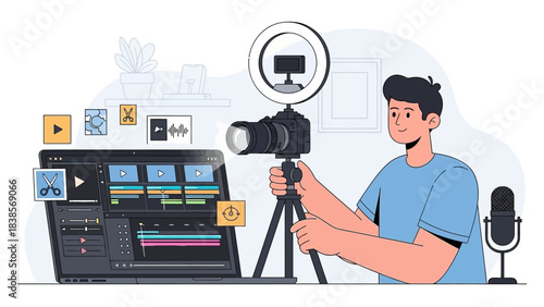 Young man creating video content with camera and computer software