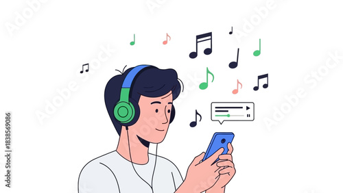 Young man enjoying music on smartphone with headphones