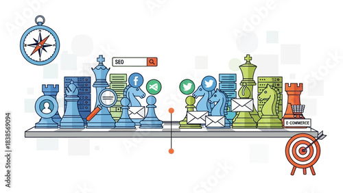 Strategic online marketing campaign with chess pieces and social media icons