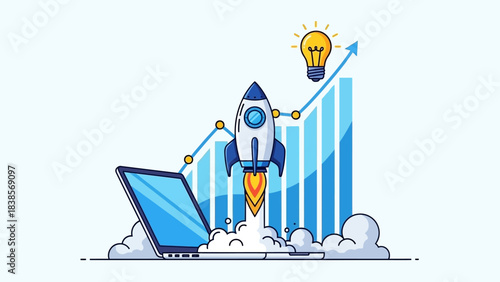 Rocket launching from laptop with growing graph and lightbulb