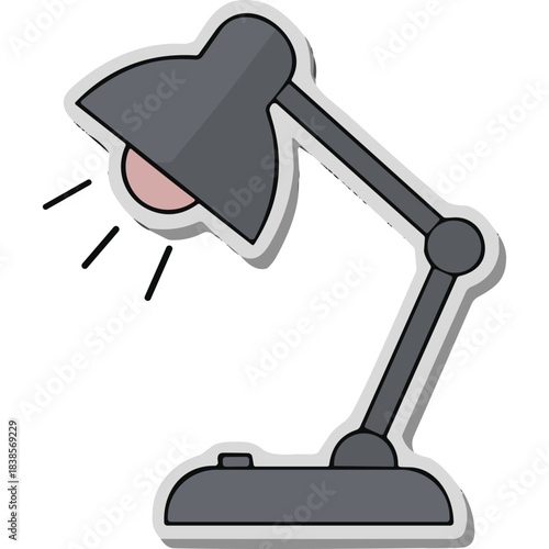 A gray adjustable desk lamp with a pink light bulb casting faint rays on a black isolated background with a subtle white shadow effect, minimalist graphic illustration