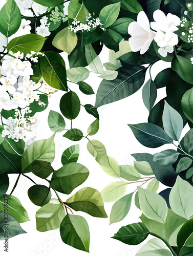 Greenery watercolor leaves branches flowers bouquet decor template bush olive laurel bridal clip art illustration beauty isolated set elements card pattern pot gardening home herbs