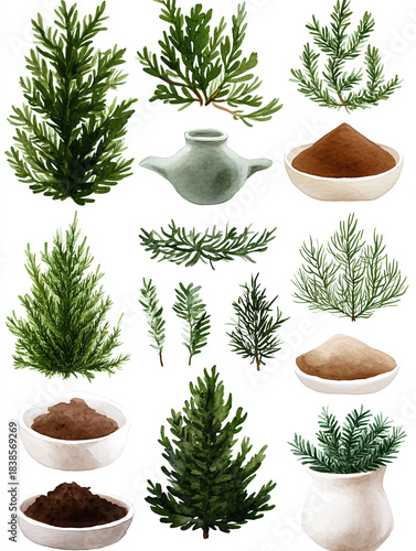 Greenery watercolor leaves branches flowers bouquet decor template bush olive laurel bridal clip art illustration beauty isolated set elements card pattern pot gardening home herbs