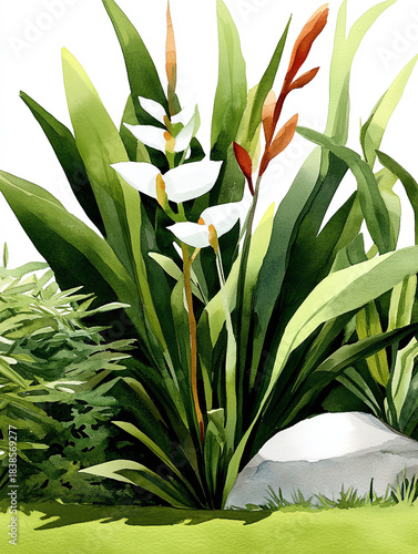 Greenery watercolour leaves branches flowers tropic decor template bush olive laurel citrus clip art illustration texture o background set elements