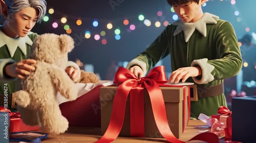 Joyful moments of an elf wrapping a teddy bear gift during a festive holiday celebration
