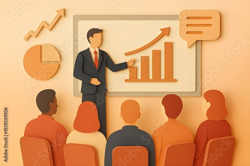 Paper-Cut Style Illustration of Professional Data Presentation with Charts and Corporate Audience