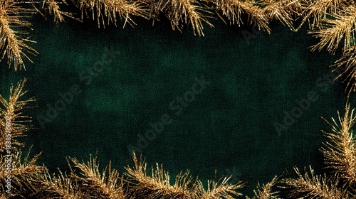 Emerald velvet and shimmering gold tinsel frame a rich black center, creating a luxurious Art Deco Christmas border with dramatic texture and light.
