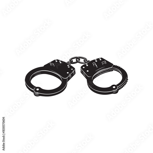 Black and white vector illustration of metal handcuffs, symbolizing law enforcement, crime, justice, arrest, and restriction, isolated on a white background.