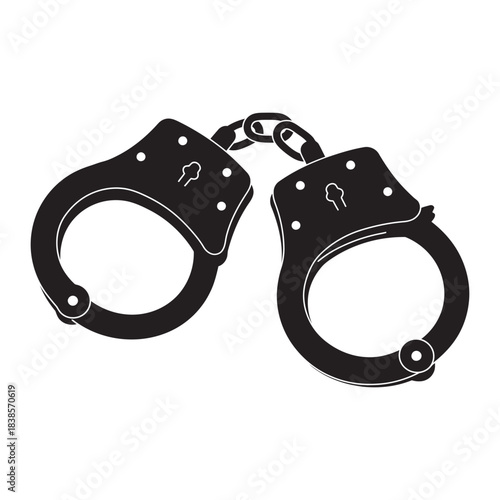 Black and white vector illustration of metal handcuffs, symbolizing law enforcement, crime, justice, arrest, and restriction, isolated on a white background.