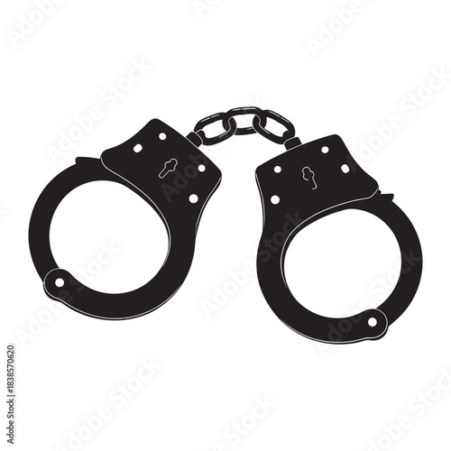 Black and white vector illustration of metal handcuffs, symbolizing law enforcement, crime, justice, arrest, and restriction, isolated on a white background.