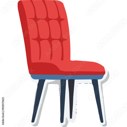 A Red Upholstered Dining Chair with Tufted Back and Blue Seat Accent Standing on Dark Legs Against a White Background