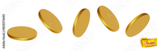 Realistic gold coin rotation set. Shiny metal coins in multiple angles. Perfect for finance, game assets, business graphics, casino themes, marketing, and design projects. Vector isolated
