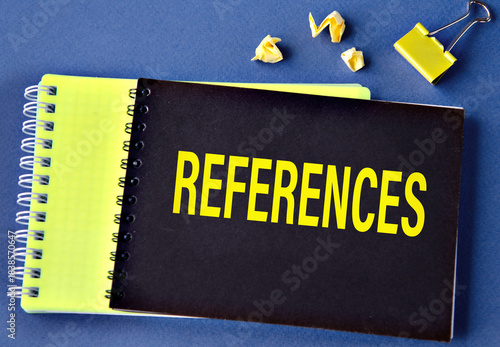 REFERENCES - word on a black notebook on a blue background