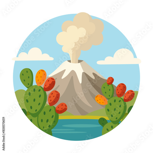 Vibrant vector illustration of active volcano with cactus fruits and lake