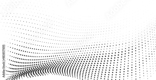 Curved Black Halftone Wave Mesh Pattern for Tech Posters, Modern Abstract Backgrounds, Motion Graphics, Digital Layouts vector illustration