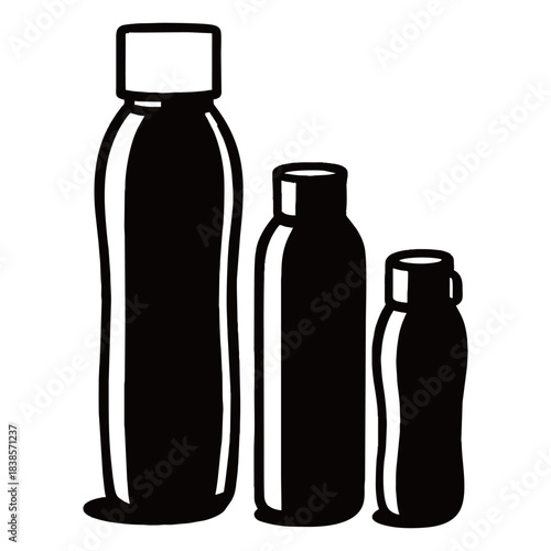 Black and white vector line art illustration of a set of three reusable drink bottles in different sizes, ideal for water, sport, fitness, product packaging mockups, and healthy lifestyle concepts.
