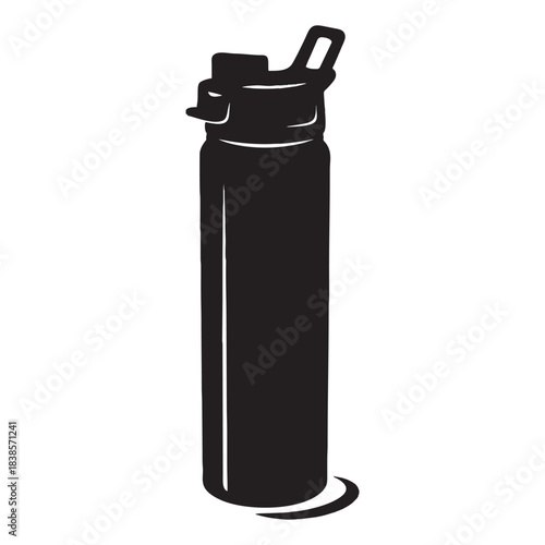 Black insulated stainless steel water bottle with flip-up straw lid, perfect vector silhouette for fitness, hydration, and reusable eco-friendly drinkware concepts.