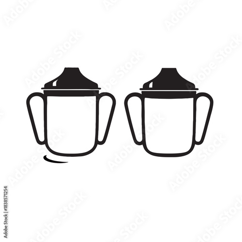 Black and white vector line art illustration of a set of baby feeding bottles with nipples and caps, isolated on a white background for infant care and nursery designs.