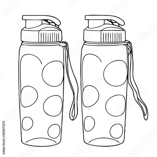 Black and white vector line art illustration of a set of three reusable drink bottles in different sizes, ideal for water, sport, fitness, product packaging mockups, and healthy lifestyle concepts.