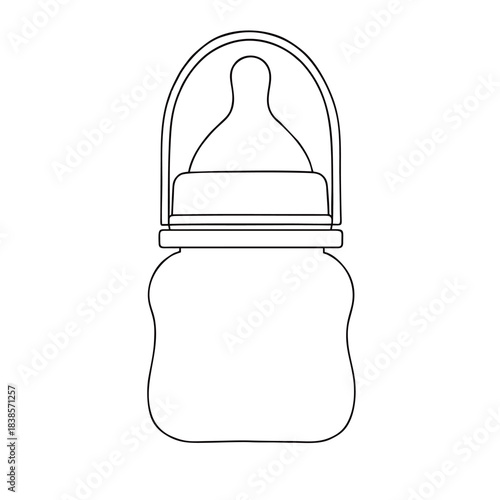 Black and white vector line art illustration of a set of baby feeding bottles with nipples and caps, isolated on a white background for infant care and nursery designs.