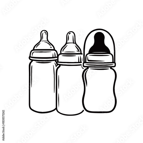 Black and white vector line art illustration of a set of baby feeding bottles with nipples and caps, isolated on a white background for infant care and nursery designs.