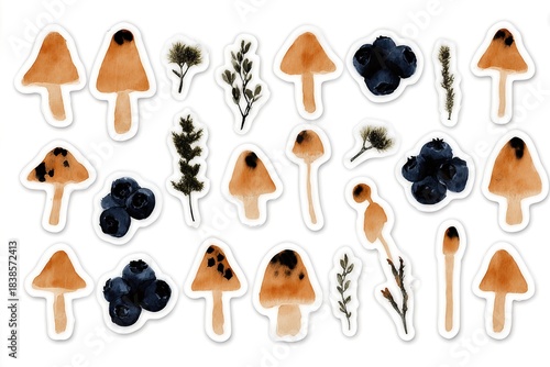 Stickers Show Various Mushrooms and Berries Designed for Craft Activities