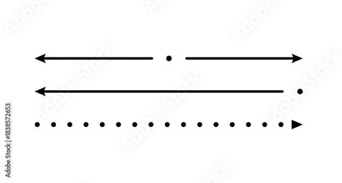 Set of long, dotted arrow icons. Thin, black straight arrows isolated on white background