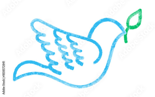 Peace dove childlike crayon felt pen drawing holding branch. Colorful doodle sketch with naive hand drawn sticker. Vector illustration isolated in kids childlike style.