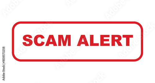 Scam alert icon. Red stamp with simple design on white backdrop