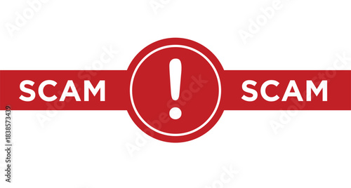 Scam alert banner. Red warning inscription about fraud on white background