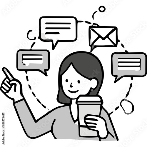 A Woman Holds a Coffee Cup While Interacting with Speech Bubbles Indicating Communication and Messaging During a Casual Workday or Break with Simple Illustrations and Monochromatic Tones