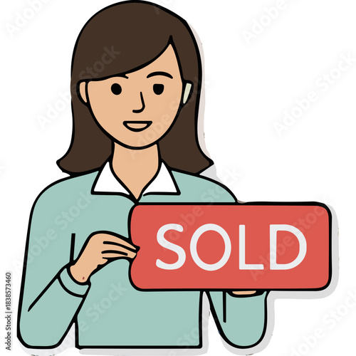 A Woman in a Teal Blazer and White Blouse Holds a Red "SOLD" Sign with a Gentle Smile on a Transparent Background Representing Real Estate Success and Achievement