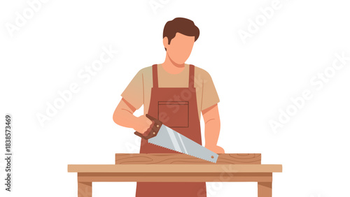 A man wearing an apron and brown shirt is sawing a wooden plank on a table with a hand saw in an isolated background