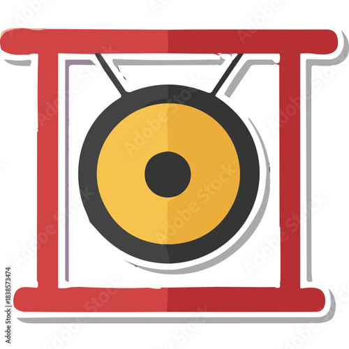 A Traditional Chinese Gong Hanging From A Red Wooden Frame With A Black Center And Yellow Outer Ring Creating A Strong Visual Contrast With A Simple Flat Design Aesthetic