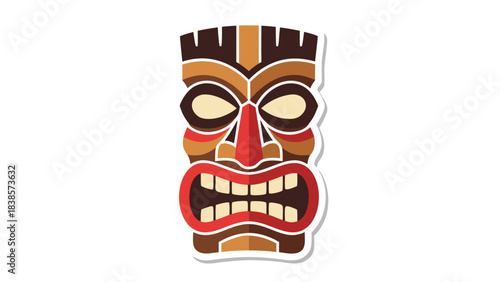A Fierce Tribal Tiki Mask Illustration with Angry Expression in Brown Beige Red and White Colors on a Black Background