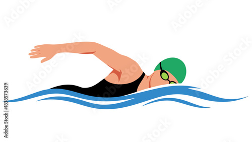 A Fit Person In Green Swim Cap And Goggles Performing The Freestyle Stroke In Blue Water With Wavy Surface Illuminated By Bright Overhead Lighting