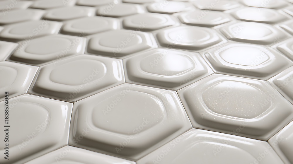 Obraz premium Close-up of a white hexagonal tile pattern with glossy finish and subtle texture image photo