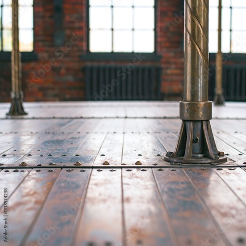 Industrial-style wooden floor with ornate metal supports and brick walls