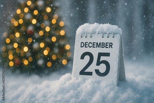 A snow-covered desk calendar displaying 