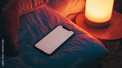 Smartphone with a blank screen lies on a neatly made bed with blue sheets. mock up concept