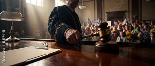 Court session in a busy courtroom with a judge and audience present