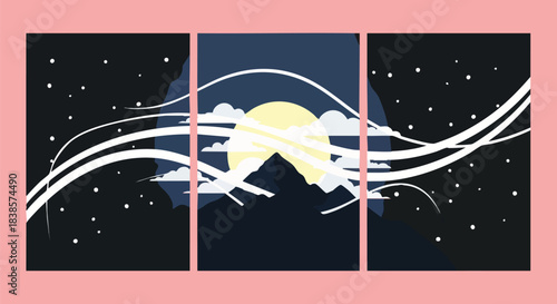A captivating triptych artwork showcasing a serene night landscape with a luminous moon, majestic mountains, and ethereal flowing clouds under a starry sky.