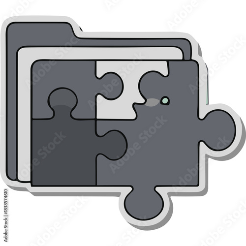Abstract Representation Of Puzzle Pieces Fitting Into A Folder Or Document Stack With A Small Light Green Dot On One Piece Against A Simple Dark Background With Light Gray Shadows Indicating Depth