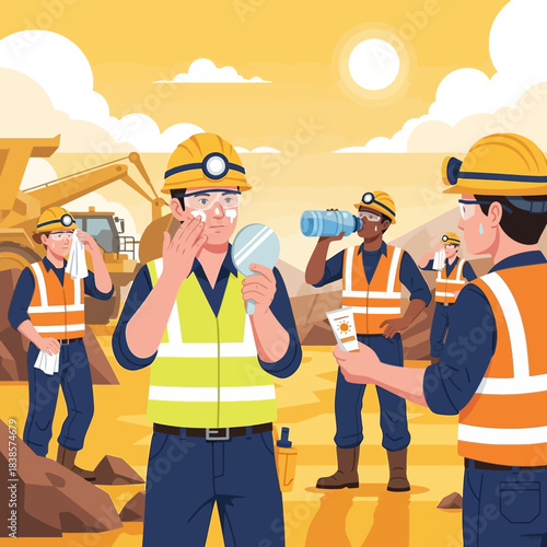 Construction workers applying sunscreen on a sunny day.