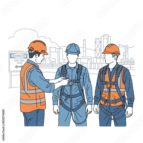 Construction workers demonstrating safety harness usage and proper attire.