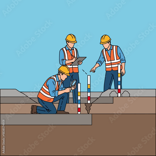 Construction workers inspecting underground utility lines during site survey.